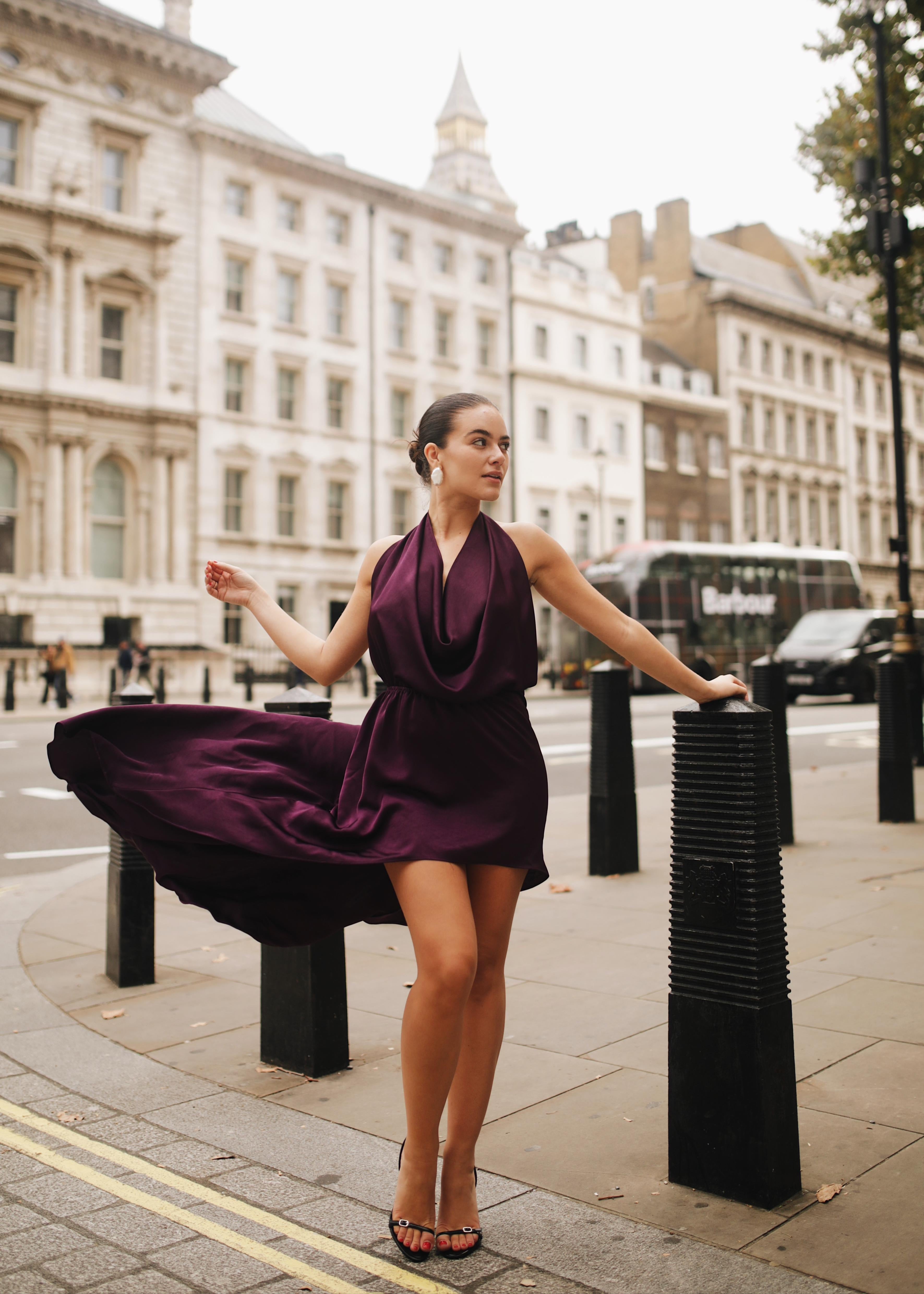 Satin Slip Drape Halter Dress - 'Vivienne' | Purple