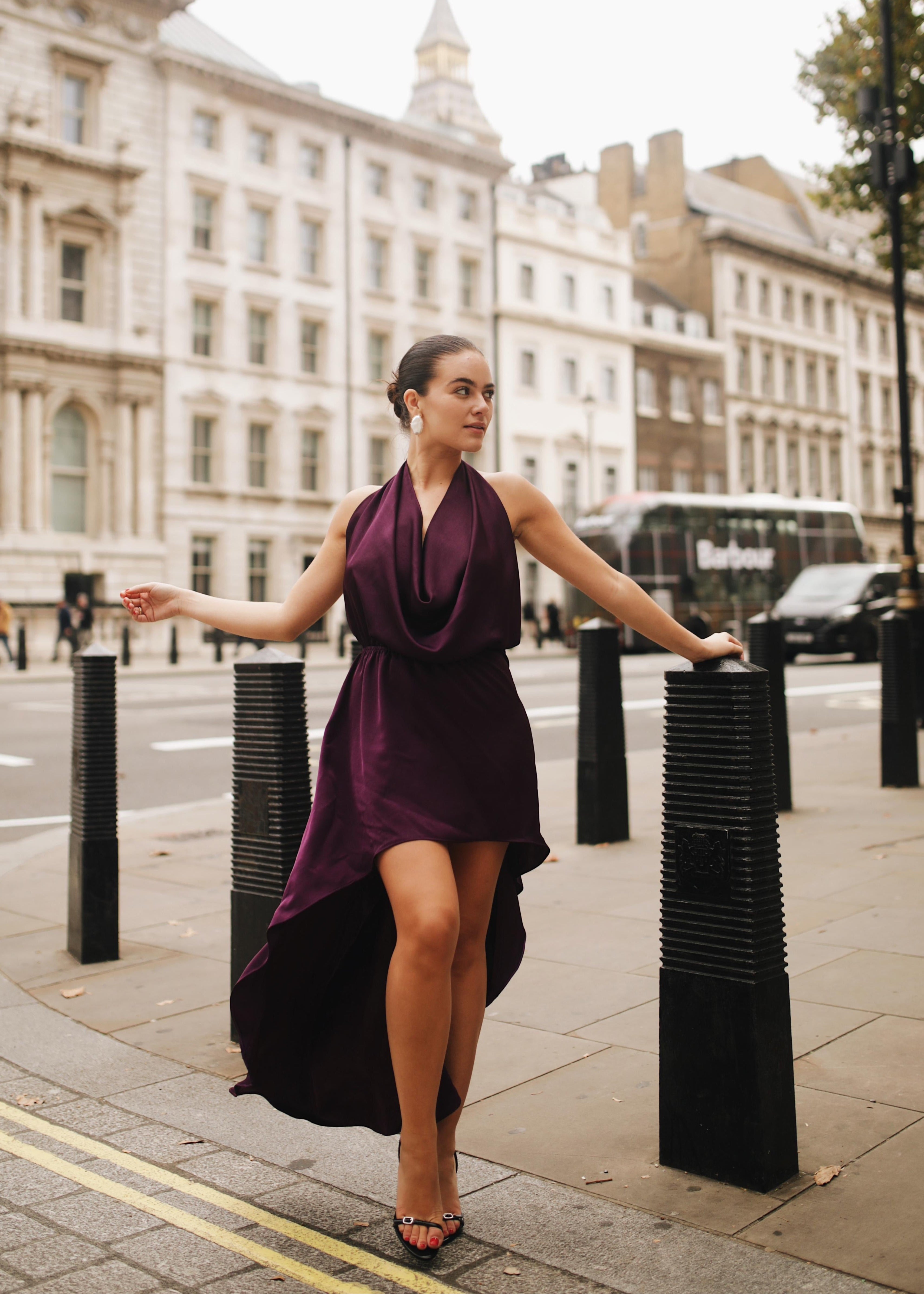 Satin Slip Drape Halter Dress - 'Vivienne' | Purple