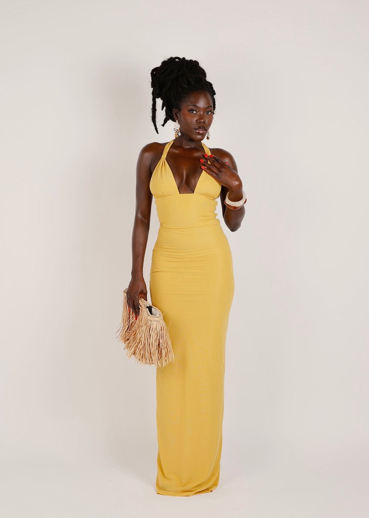 Halterneck Adjustable Maxi Dress - 'Nyla' | Mustard Yellow